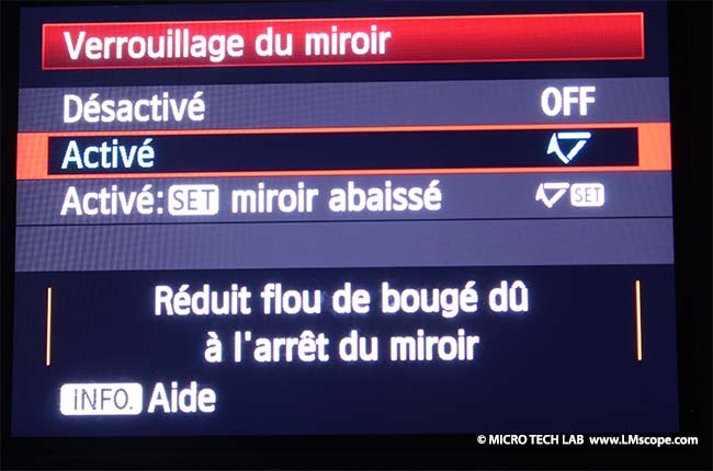 Canon EOS-1D X activer verouillage du miroir pour la microscopie adaptateur numerique