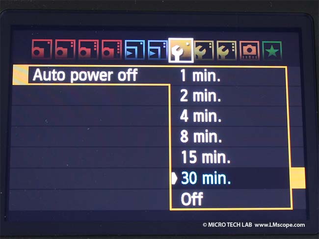 disable auto power off for microscopy EOS 60D DSLR