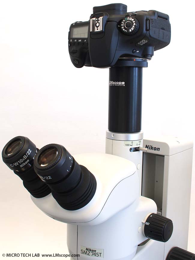 Canon EOS APS-C camera on Nikon microscope with adapter planachromatic optical system