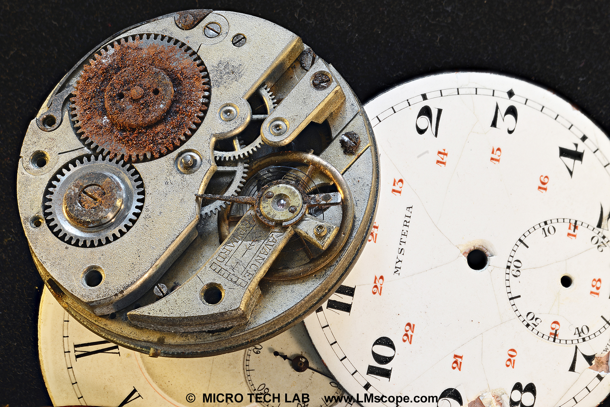 Old, mechanical clockwork with rust