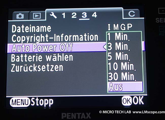 Pentax K5 IIS Display Mikroskopie Auto Power off