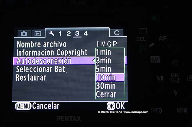 Pentax K5 menu autodesconexion