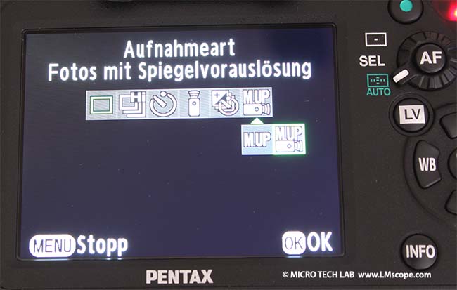Pentax K-5 IIs mirror lock up (MUP), fonction de visee directe