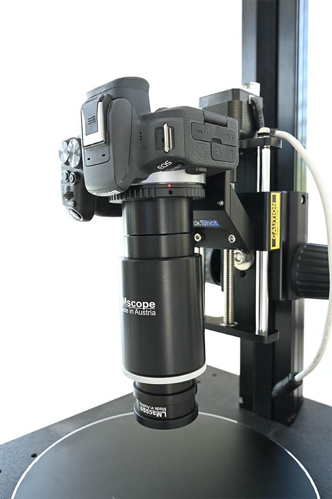 Assembly: LM macroscope lens attached to camera body, StackShot focusing rail, motorized z-axis microscope stage