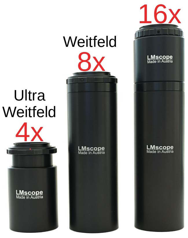 LM tube variants for LM photo microscope with infinite optics, magnification ultra wide field 4x, 8x, 16